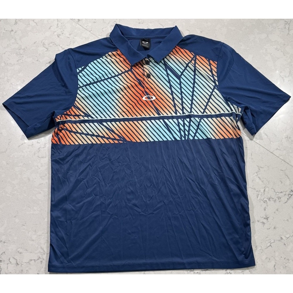 Oakley Golf Polo Shirt Mens Large Blue Geometric Graphic Regular Fit Performance